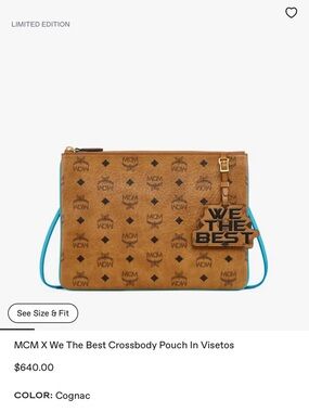 MCM Cognac Visetos Crossbody Pouch with Turquoise Strap and 'WE THE BEST' Charm
